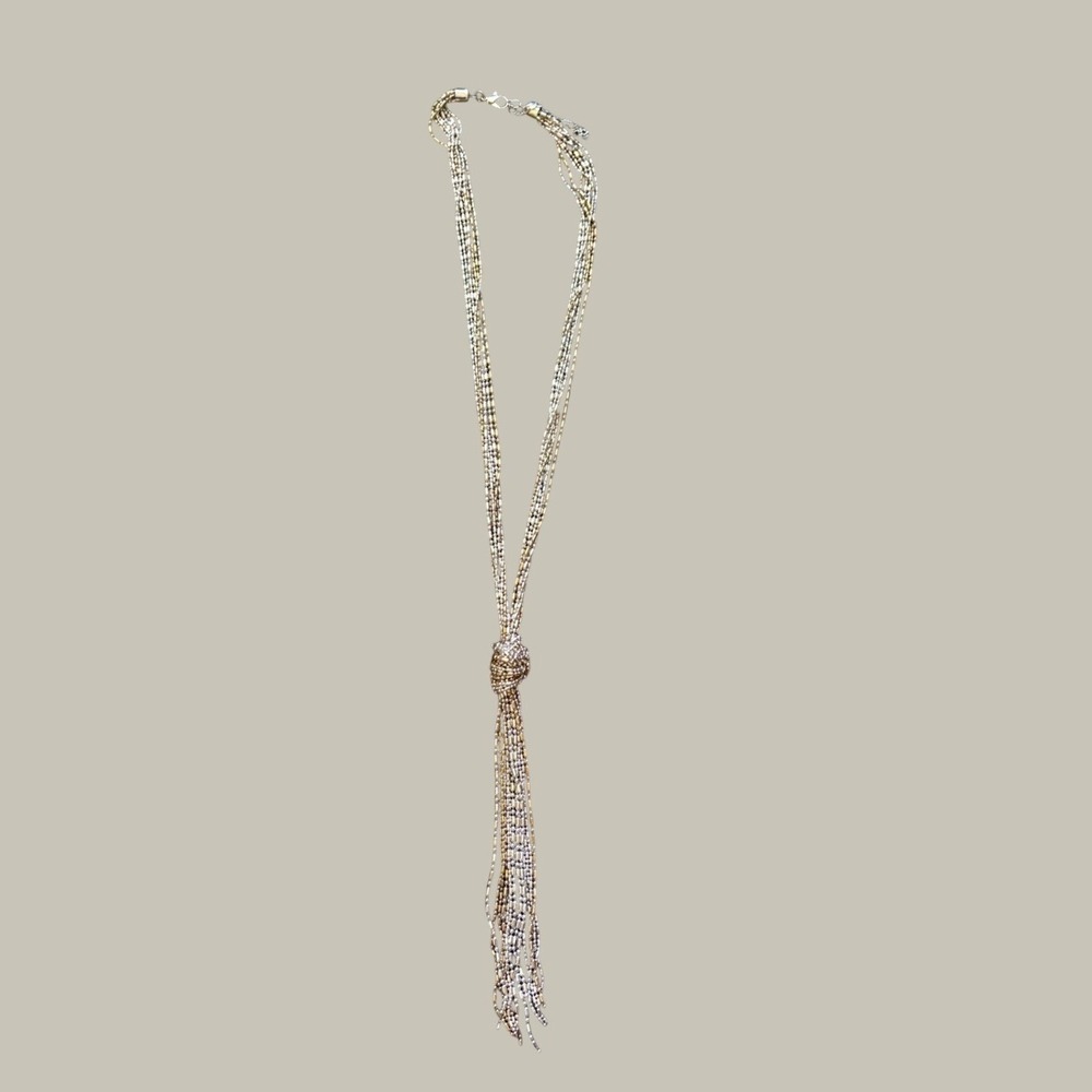 Multi Strand Liquid Metal Tassel Lariat Necklace Silver‎ Gold Tone Mixed Metal